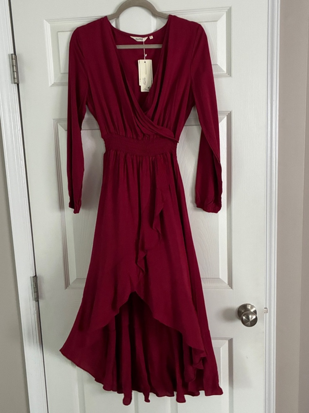 Wrap-Front High-Low Dress in Deep Berry by Unknown Brand